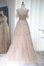 A Line Spaghetti Strap Prom Dress Tulle With Diamond Appliques