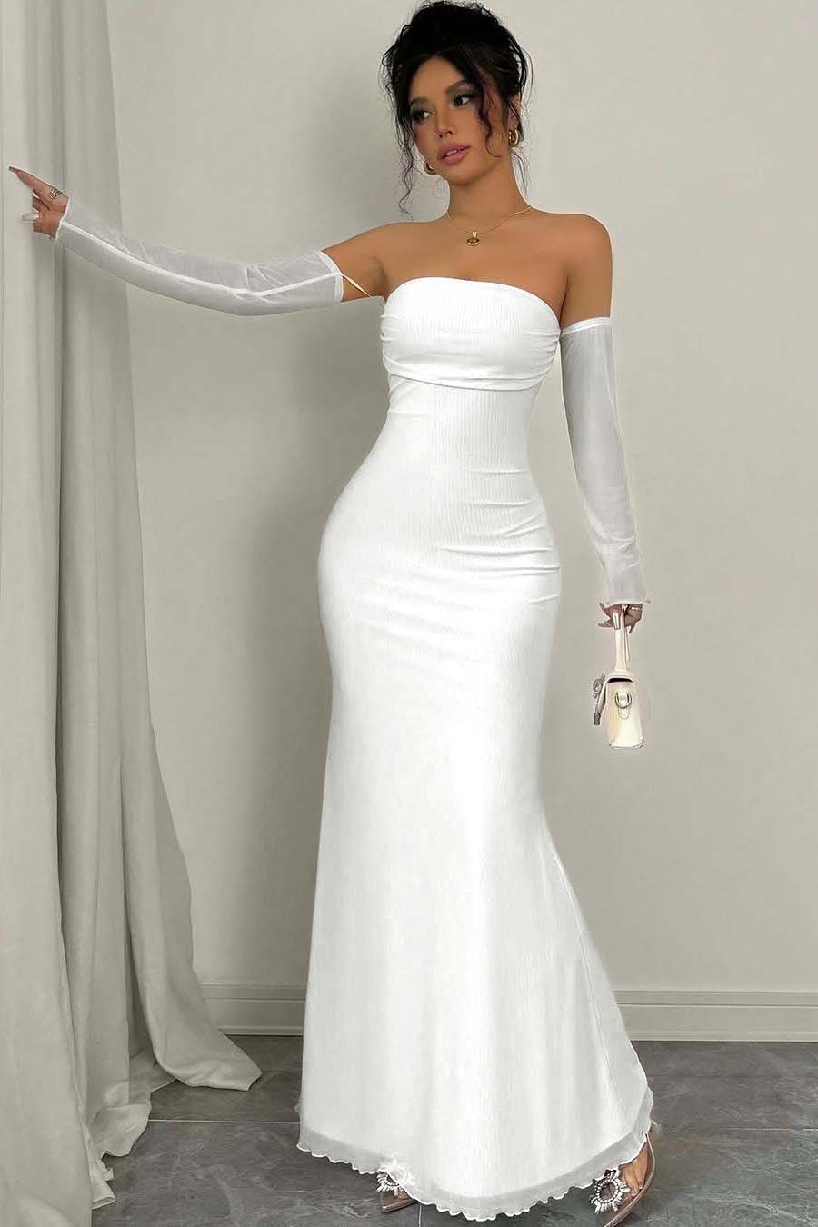 Strapless Long Mermaid Prom Dress With Detachable Sleeves Pleated BMBRIDE