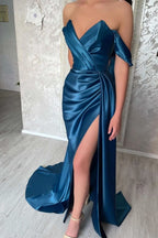Navy Off-The-Shoulder Mermaid Evening Dress with Split BM bride