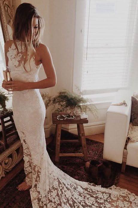 Graceful Lace Open Back Beach-Style Mermaid Wedding Dress BM bride