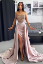 Chic Pink Evening Dress Prom Dress Off-the-Shoulder Sleeveless with Applique Pleated BM bride