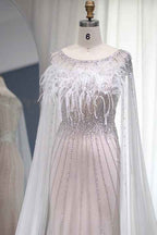 Glamorous Crew Neck Mermaid Prom Dress Tulle Cap With Feathers Appliques