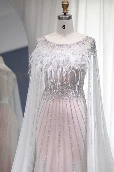 Glamorous Crew Neck Mermaid Prom Dress Tulle Cap With Feathers Appliques