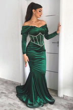 Dark Green Off-the-Shoulder Long Sleeve Mermaid Prom Dress BM bride