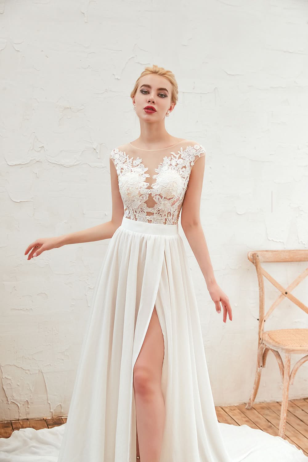 Bateau Neck A-Line Chiffon Wedding Dress with Lace Appliques, Ruffles, and Slit BM bride
