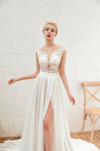Bateau Neck A-Line Chiffon Wedding Dress with Lace Appliques, Ruffles, and Slit BM bride