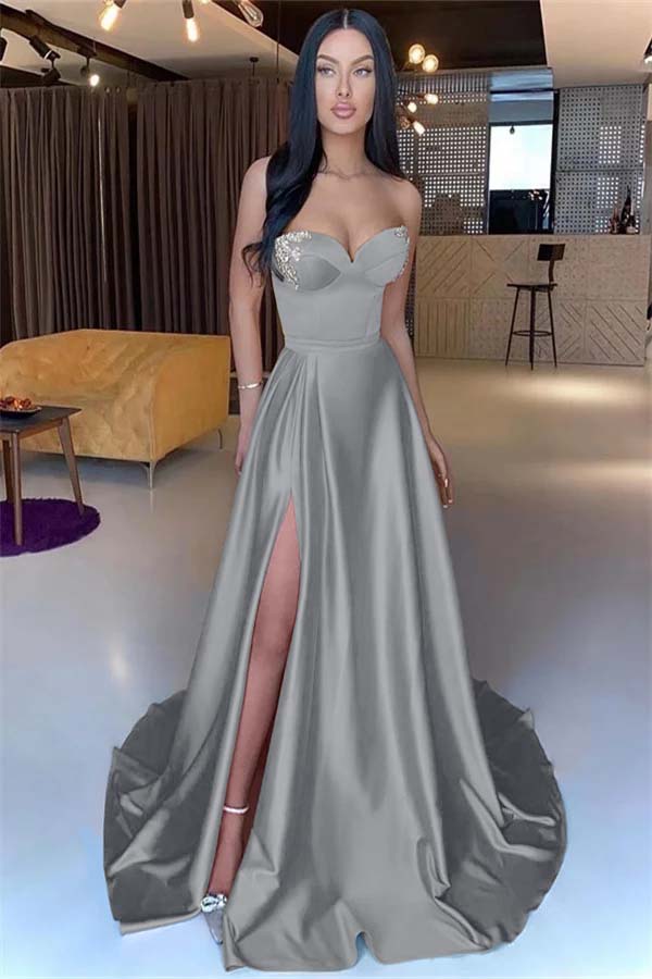 Sweetheart Yellow Strapless Mermaid Beadings Long Prom Dress With Split BMBRIDE