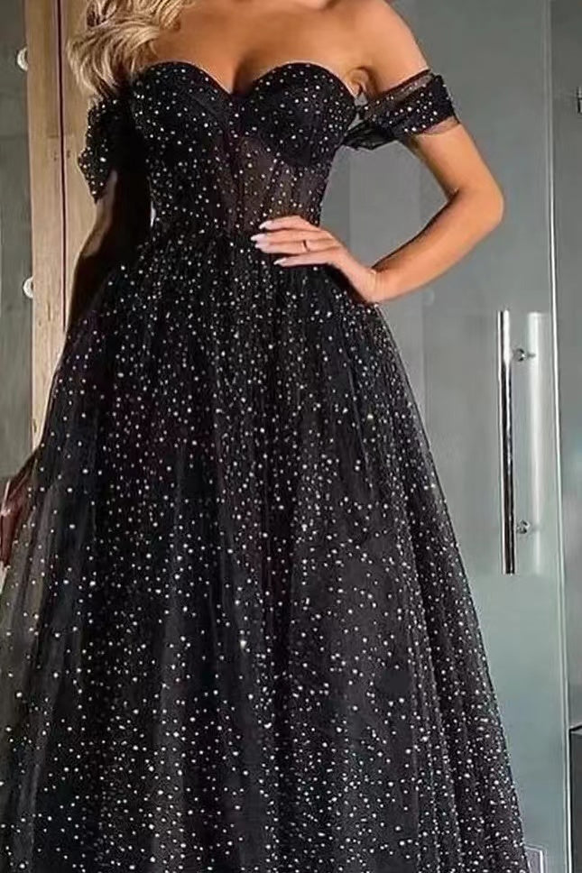 Black Off-the-Shoulder Sweetheart A-Line Tulle Beaded Prom Dress BM bride