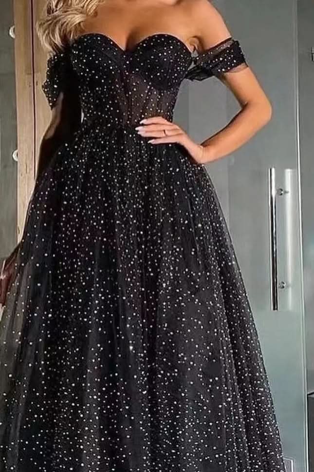Black Off-the-Shoulder Sweetheart A-Line Tulle Beaded Prom Dress BM bride