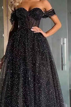 Black Off the Shoulder Sweetheart A Line Beads Prom Dress With Tulle