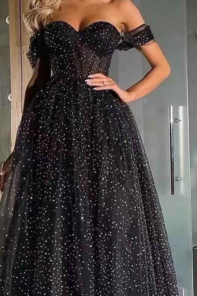 Black Off the Shoulder Sweetheart A Line Beads Prom Dress With Tulle