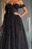 Black Off-the-Shoulder Sweetheart A-Line Tulle Beaded Prom Dress BM bride