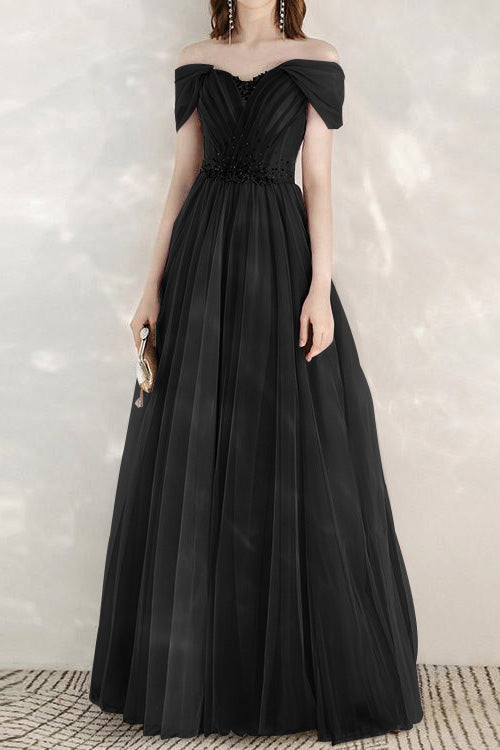 Elegant Infinity Tulle Off the Shoulder Sweetheart Long Prom Dress With Sequins BMBRIDE