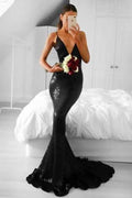 Deep V Neck Sleeveless Spaghetti Strap Mermaid Black Sequins Prom Dress