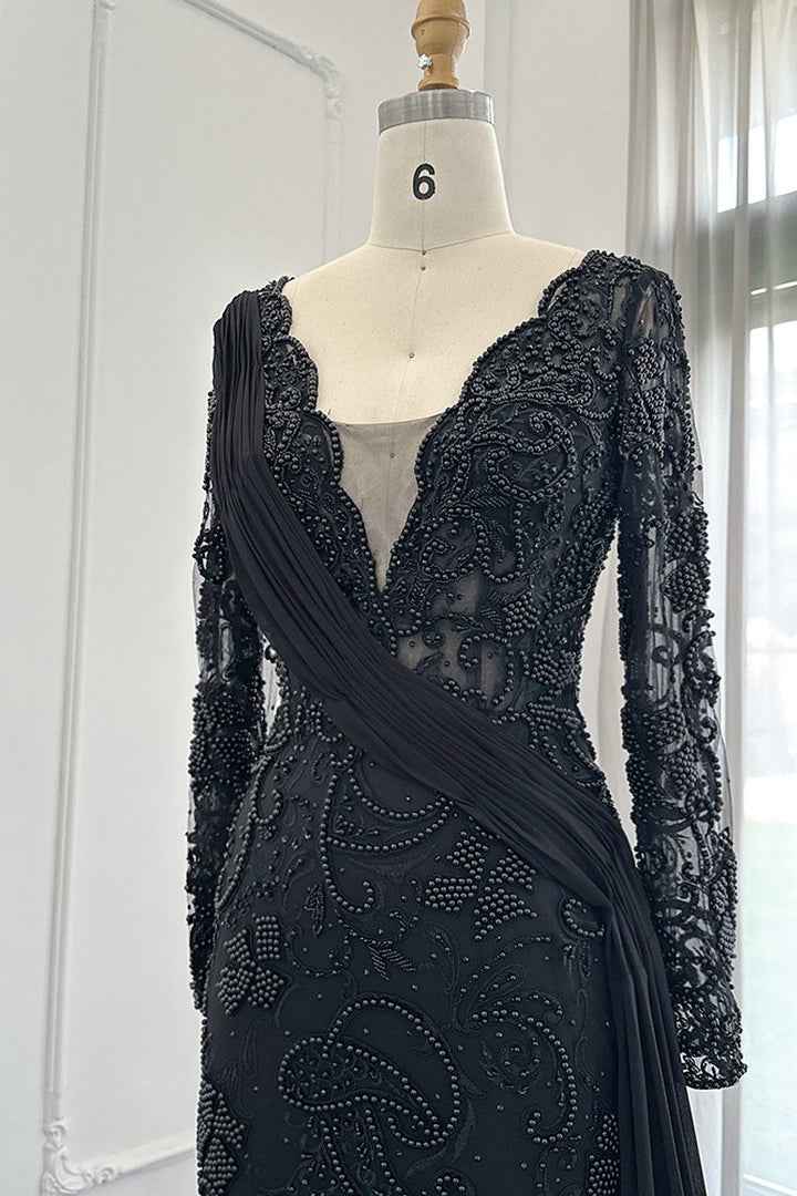 Black V Neck Mermaid Prom Dress Long Sleeves With Appliques Ruffles