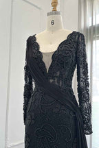 Black V Neck Mermaid Prom Dress Long Sleeves With Appliques Ruffles