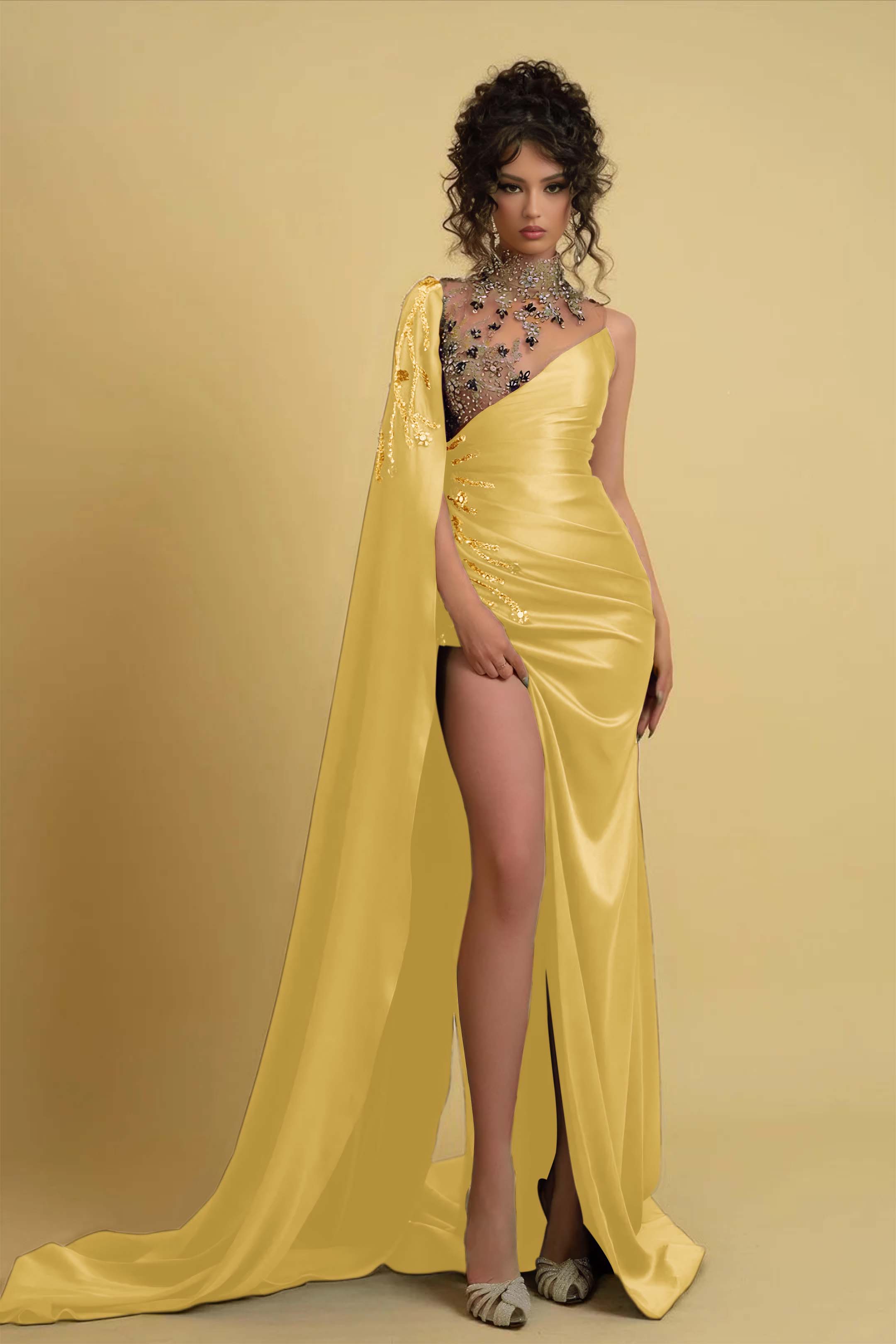 High Neck Prom Dress Regency One Shoulder With Ruched Beads BMBRIDE