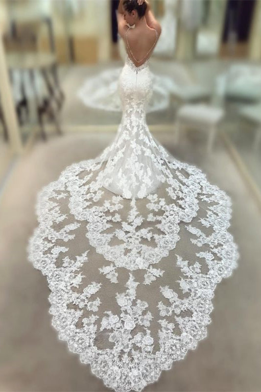 Spaghetti Strap Backless V-Neck Long Mermaid Wedding Dress with Lace BM bride