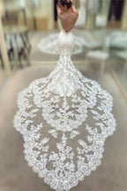 Spaghetti Strap Backless V-Neck Long Mermaid Wedding Dress with Lace BM bride