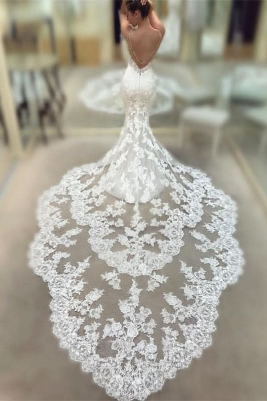 Spaghetti Strap Backless V-Neck Long Mermaid Wedding Dress with Lace BM bride