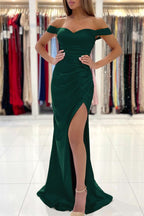 Red Off-The-Shoulder Sweetheart Mermaid Evening Dress with Slit Pleats BM bride