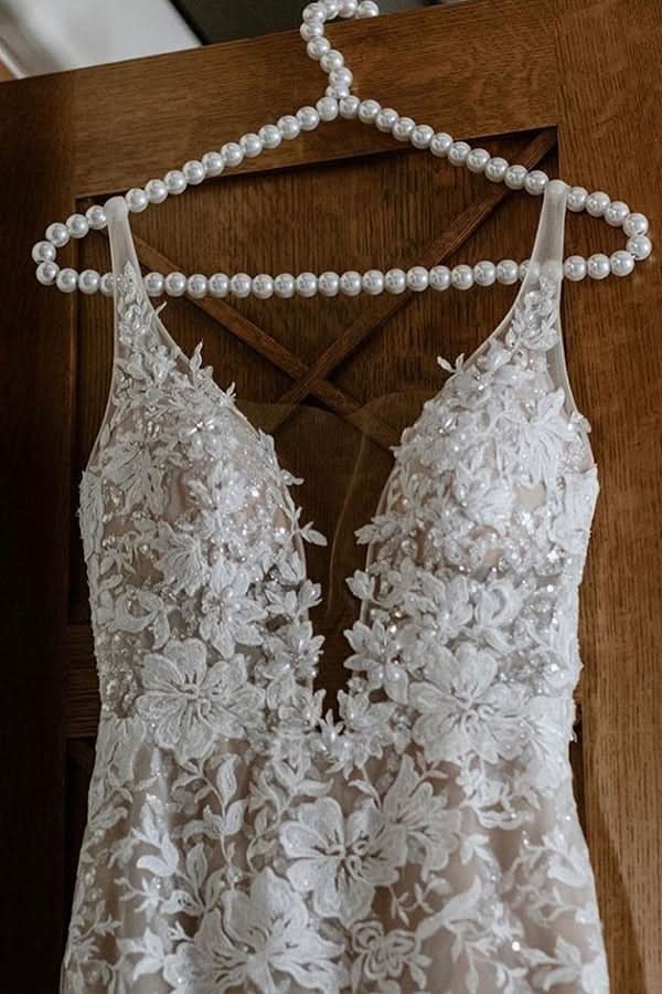 Spaghetti Strap Jewel Mermaid Wedding Dress with V-Neck Lace BM bride