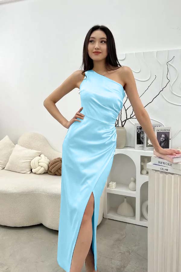 Chic Sleeveless One Shoulder Long Prom Dress With Pleated Split BMBRIDE