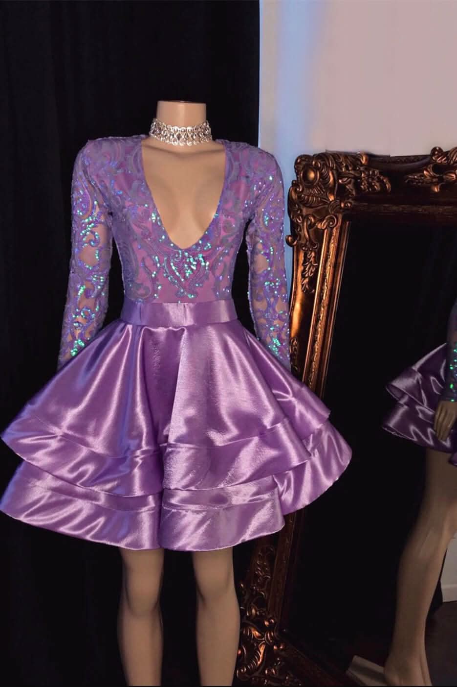 Short Purple Long Sleeve V-Neck Prom Dress with Appliques BM bride