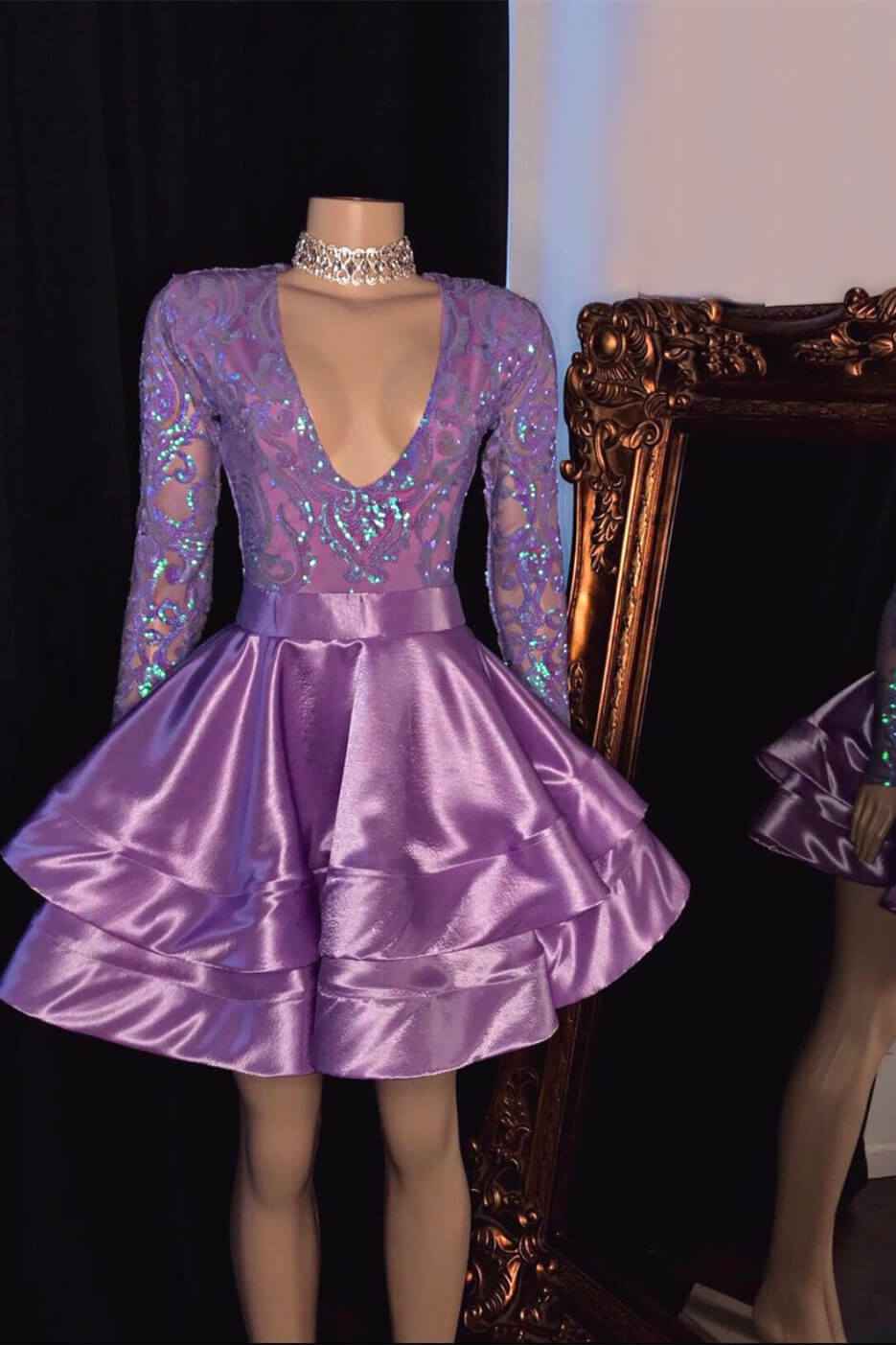Short Prom Dress Purple Long Sleeves With V Neck Appliques
