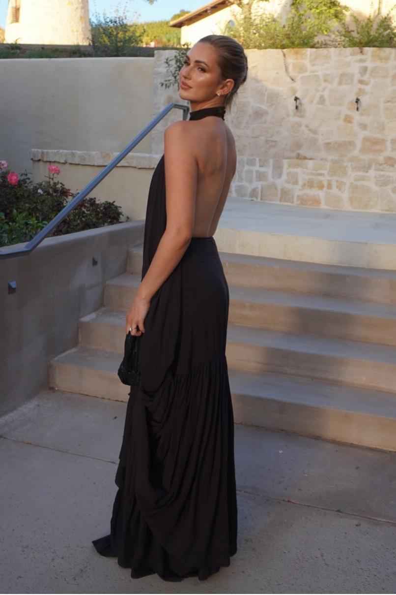 Black Halter Sleeveless Backless Long Prom Dress With Pleated