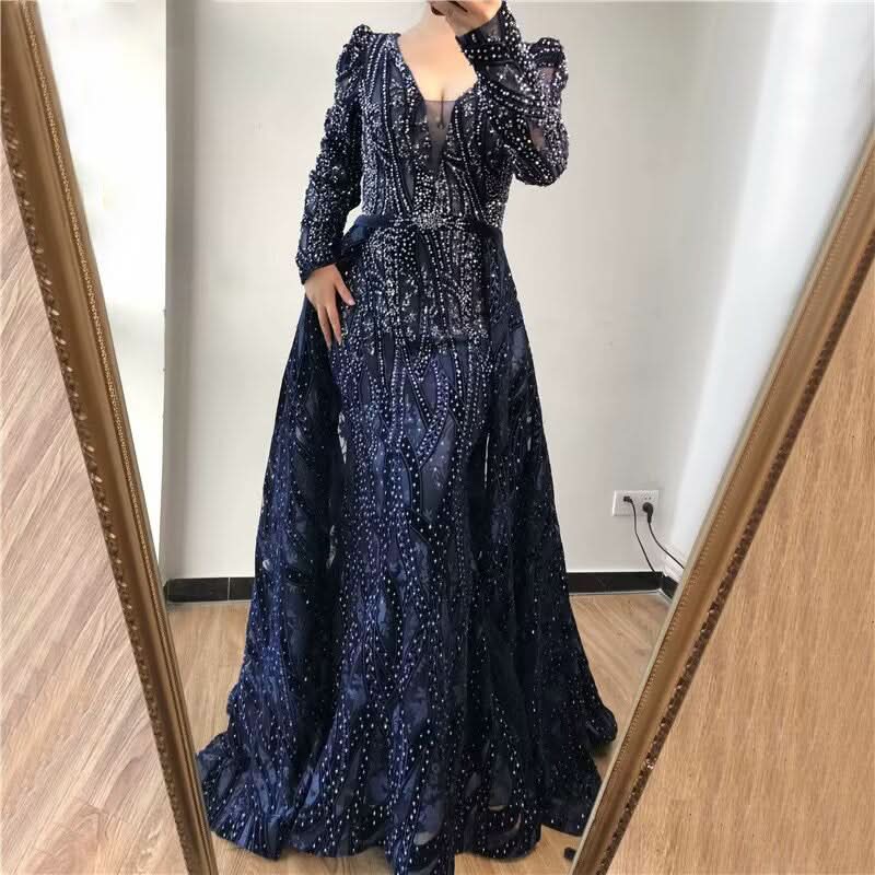 Luxury Sequin Beaded Long Sleeve A-Line Prom Dress BM bride