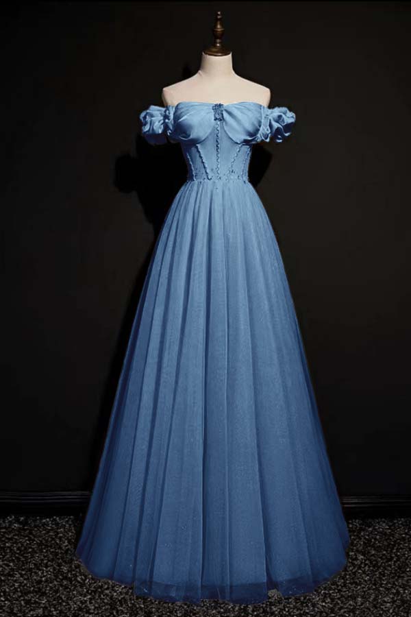 Off the Shoulder Strapless Sleeveless Long Prom Dress With Tulle BMBRIDE