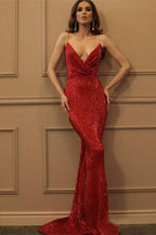 Sequined Spaghetti-Straps V-Neck Sleeveless Mermaid Prom Dress BM bride