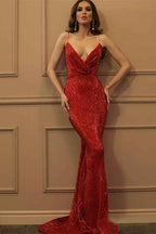 Deep V Neck Sleeveless Long Mermaid Prom Dress Spaghetti Strap With Sequins