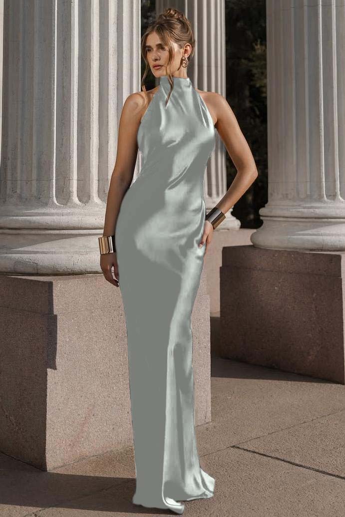 Halter Sleeveless Backless Mermaid Long Prom Dress With Pleated BMBRIDE