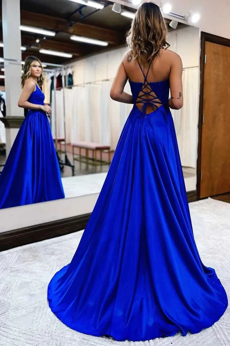 Glamorous Dark Blue Spaghetti Strap Mermaid Prom Dress, Long BM bride