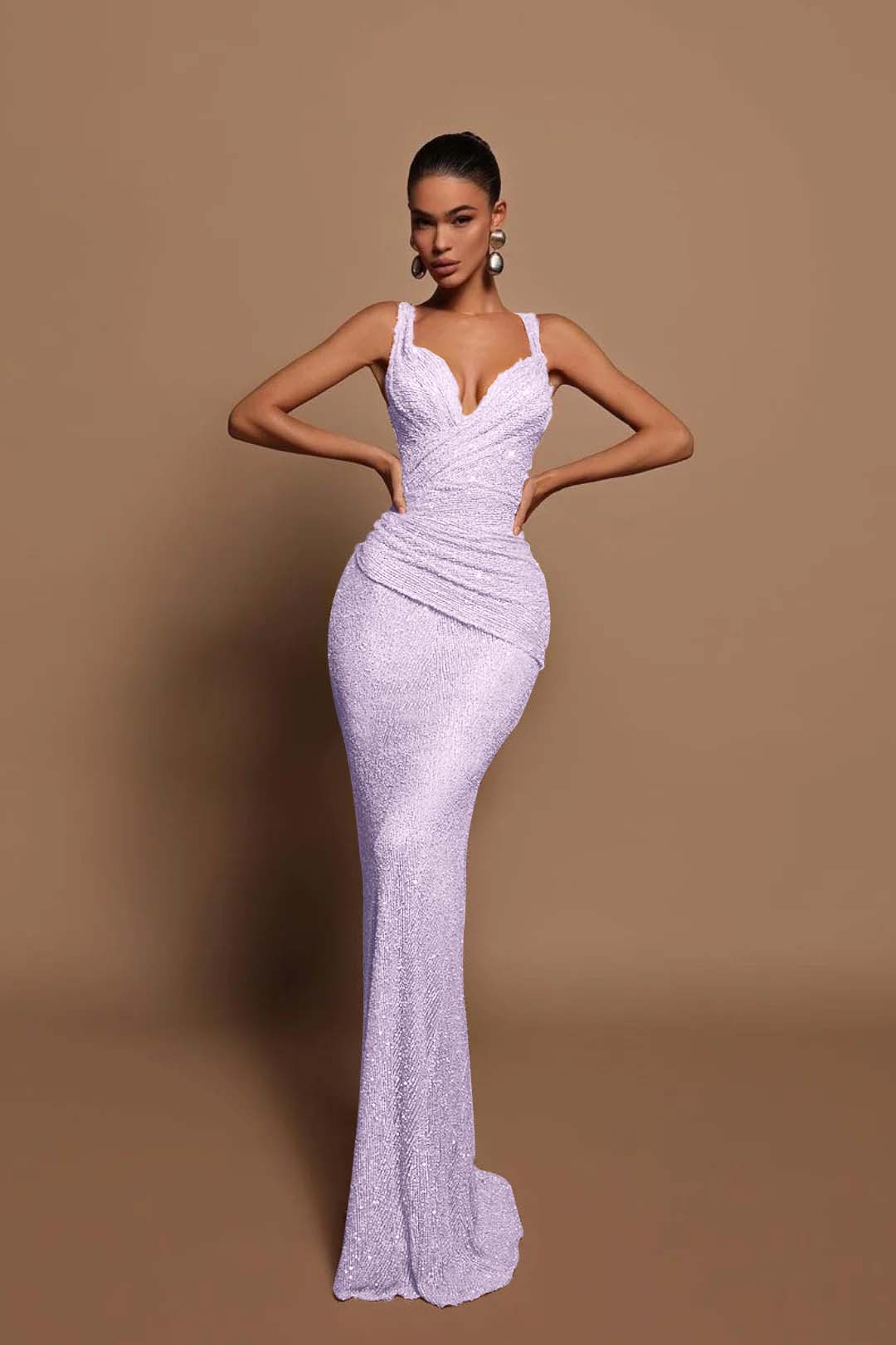 Sexy Pink Long Sequins Prom Dress V Neck Mermaid Sleeveless BMBRIDE