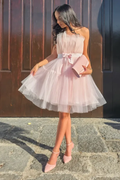 Tulle Strapless Sleeveless Short A Line Prom Dress With Belt BMBRIDE