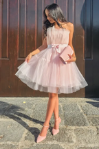 Tulle Strapless Sleeveless Short A Line Prom Dress With Belt BMBRIDE