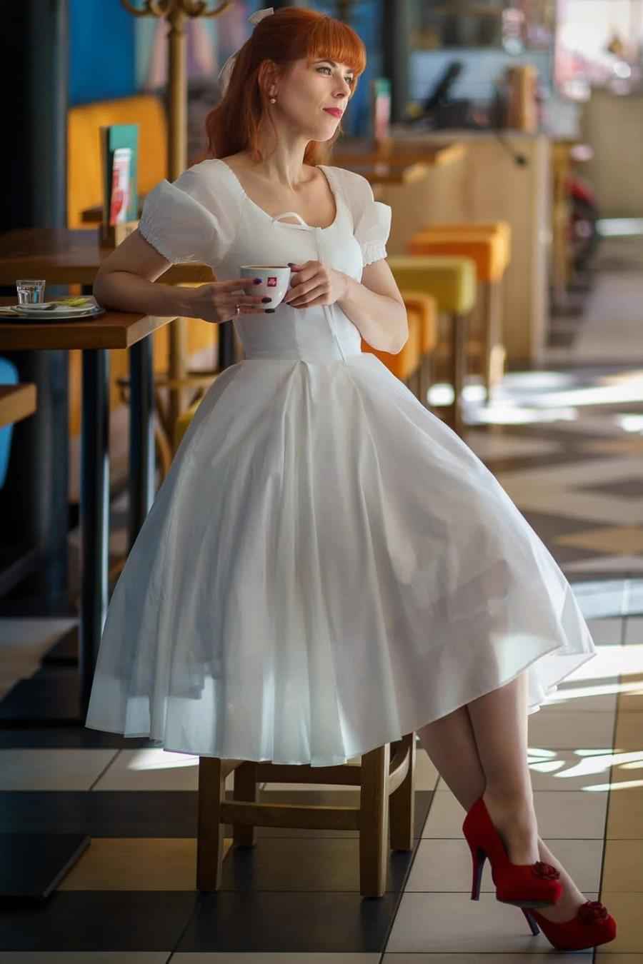 Chic White Bubble Sleeves Short A Line Prom Dress With Pleated BMBRIDE