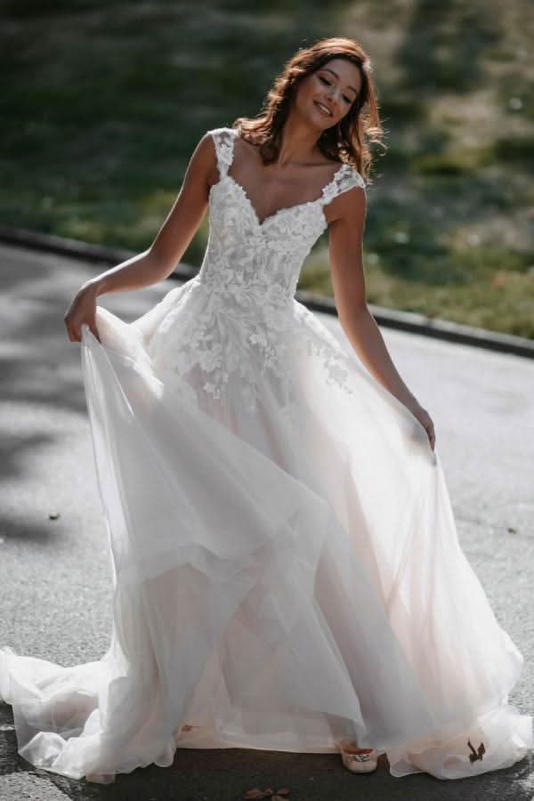 A-Line V-Neck Tulle Backless Long Wedding Dress with Lace BM bride