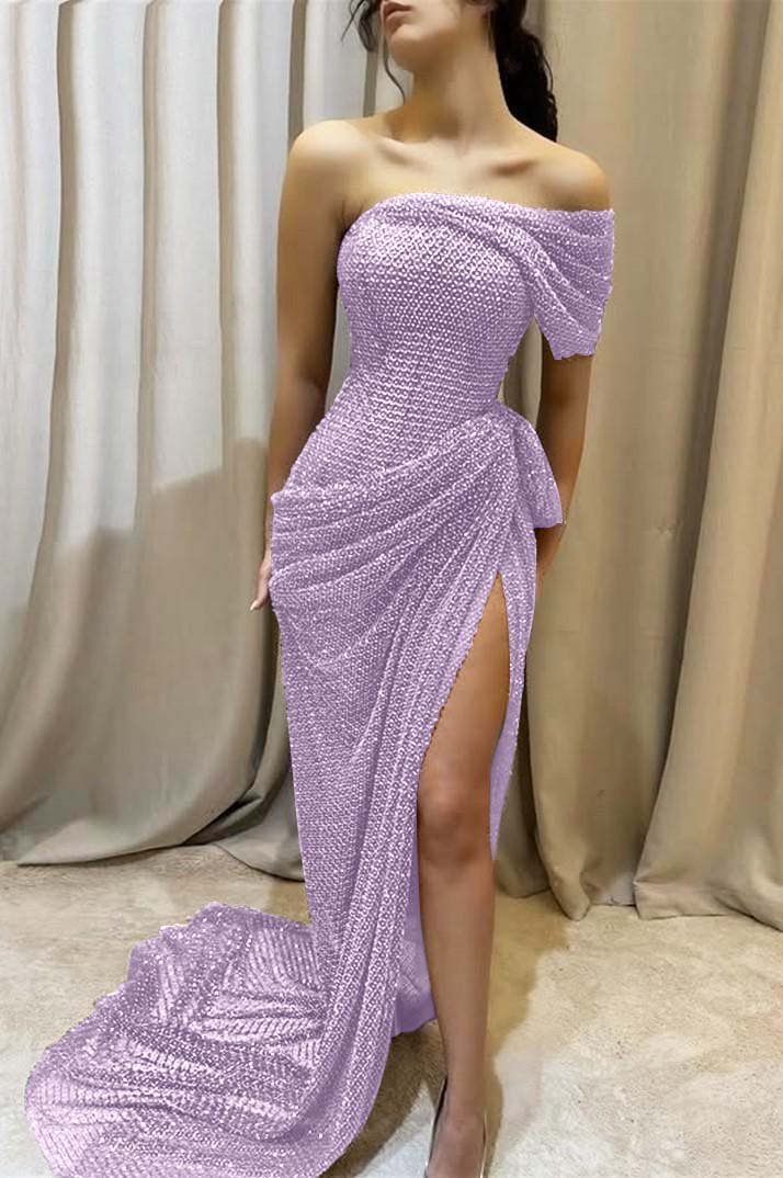 Sequins One Shoulder Sleeveless Long Prom Dress With Split Pleated