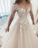 Elegant Sweetheart Long Sleeve A-Line Tulle Wedding Dress with Lace Appliques BM bride