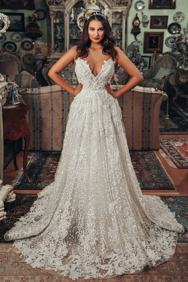 Gorgeous Long A-Line V-Neck Wedding Dress with 3D Floral Lace BM bride