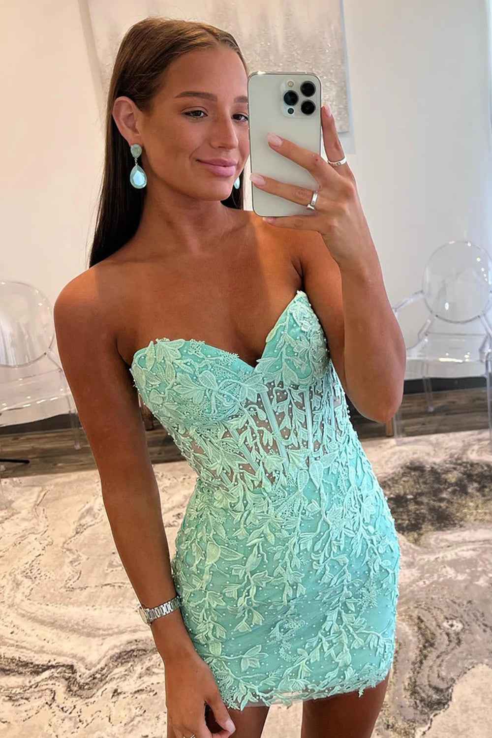Mint Lace Sweetheart Tight Short Homecoming Dress Bmbride