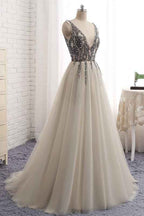 Tulle V Neck Sleeveless A Line Prom Dress Tulle With Beading