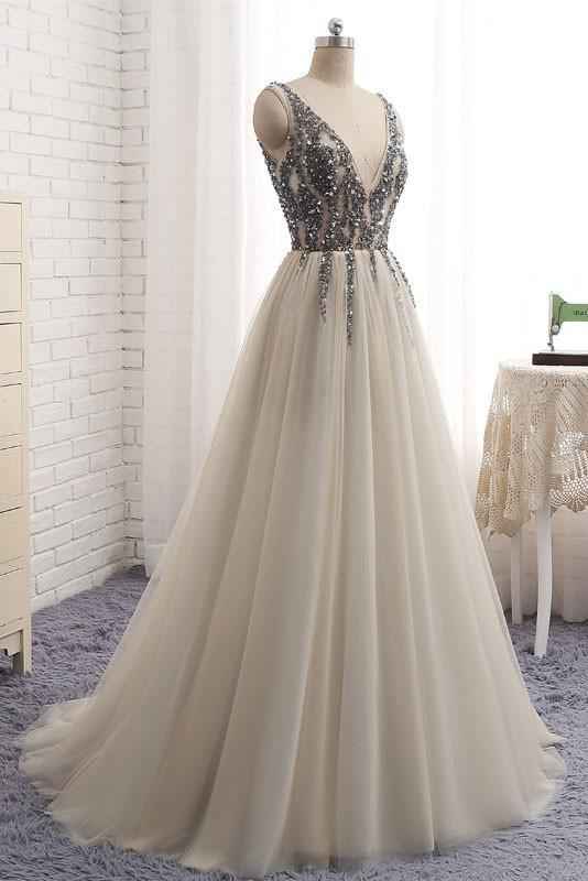 Tulle V Neck Sleeveless A Line Prom Dress Tulle With Beading