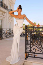 Stunning Ivory Strapless Sleeveless Pleated  Mermaid Prom Dress With Beadings