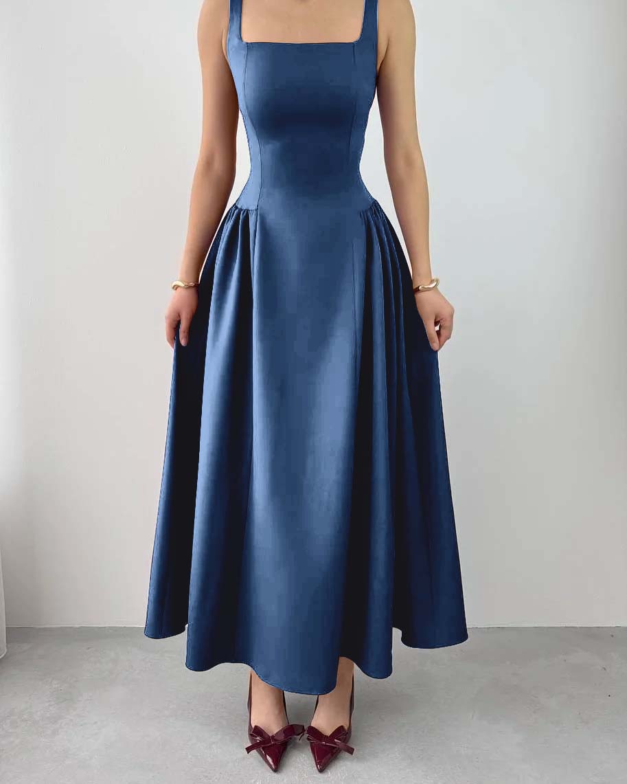 Sleeveless Square Neck Straps Tea Length Prom Dress With Pleated