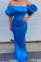 Ocean Blue Off the Shoulder Bubble Sleeves Mermaid Prom Dress With Pleated